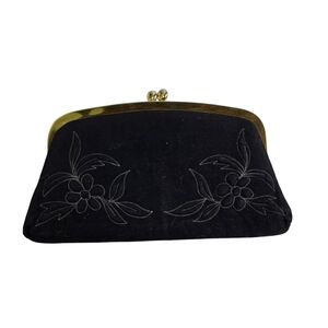 Vtg 50s black fabric wool stitched embroidered clutch purse
